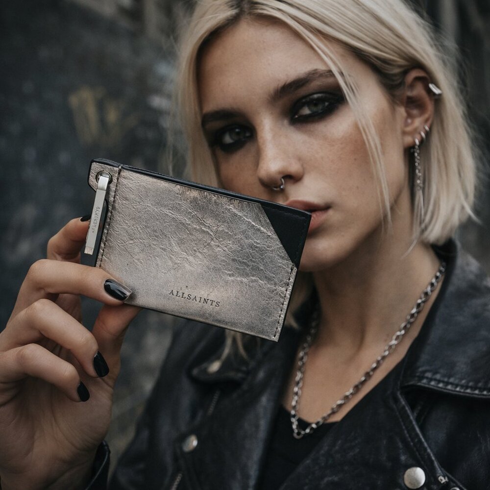 ALLSAINTS HEX SILVER STATIC REAL LEATHER CARDHOLDER - GUNMETAL GREY/BLACK - NEW